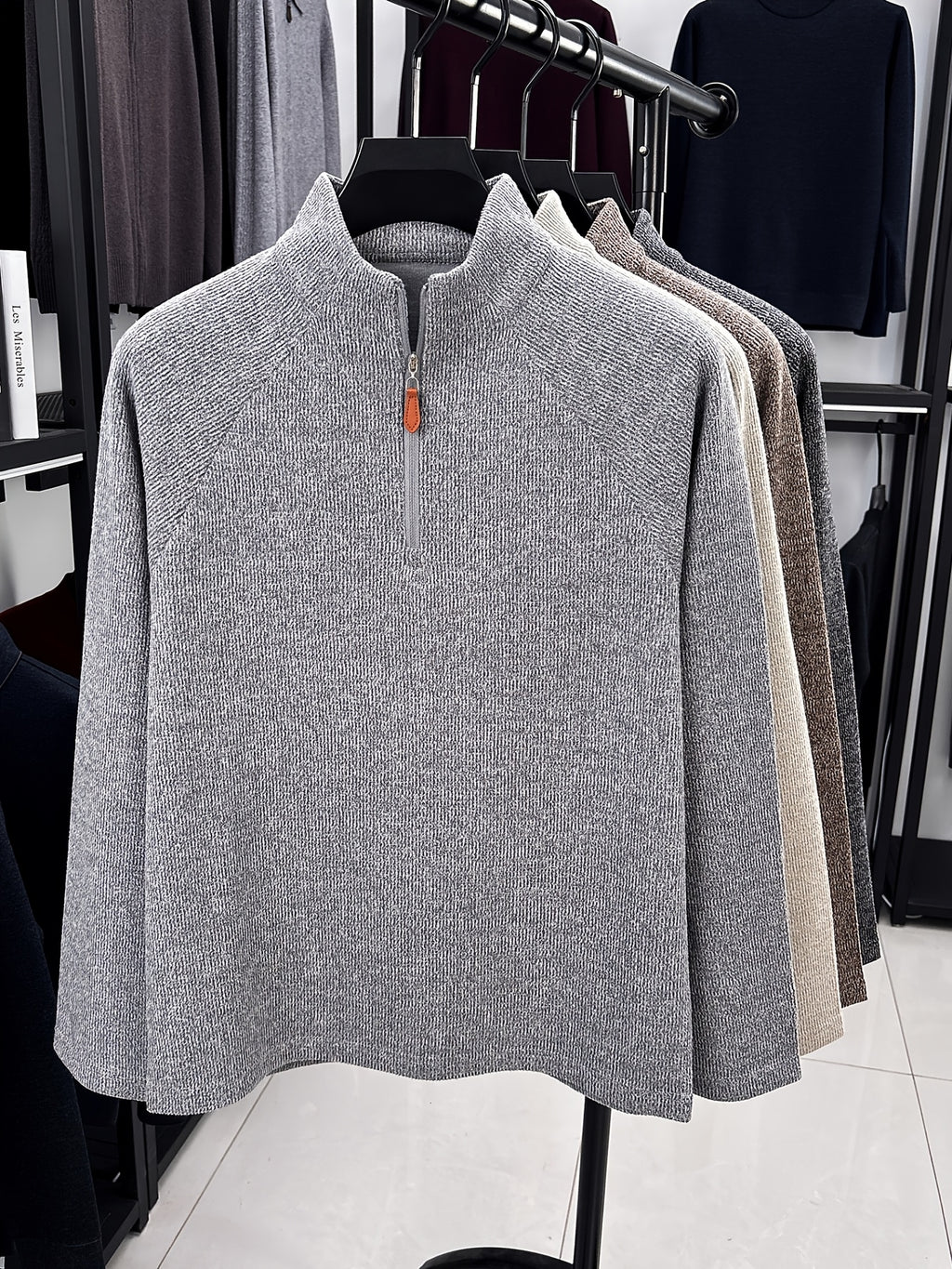 1pc Du Jing Lan OBM Men's Half-Zip Sweater - Solid Color Ribbed Knit Pullover with Stand Collar, Half-Zip Front Suitable for Layering, Business Casual & Outdoor Wear, Long Sleeve for Golf, Basketball, Daily Layering ( Autumn/Winter New Arrival) - Grey