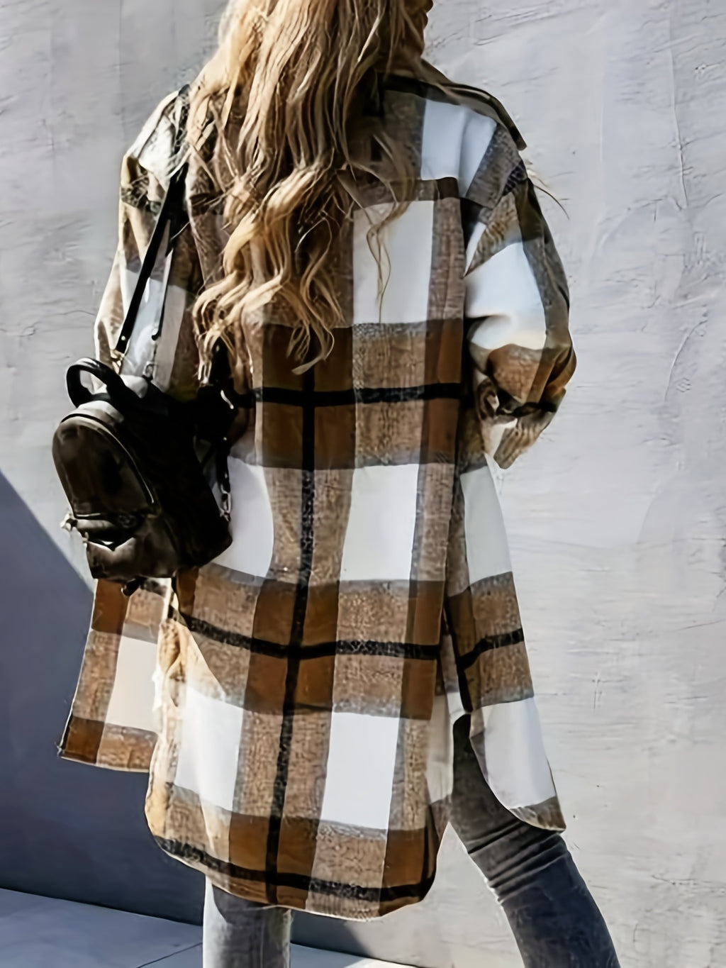 Plaid Print Long Length Jacket, Casual Button Front Flap Pockets Outwear, Women's Clothing - Khaki