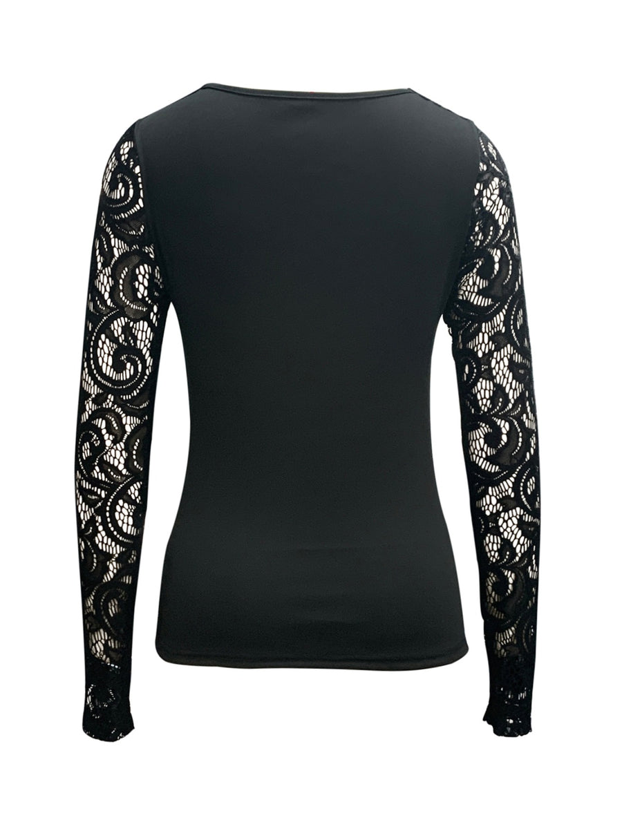 Fashion Casual Lace-Trimmed Solid Color Long Sleeve Bodycon Top | Funnel Collar, Contrast Lace Detail, All Season - Black