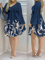 Spring And Summer New Women'S Hot Style Floral Print Tie-Up Vacation Casual Elegant Stylish V-Neck Dress - Navy Color