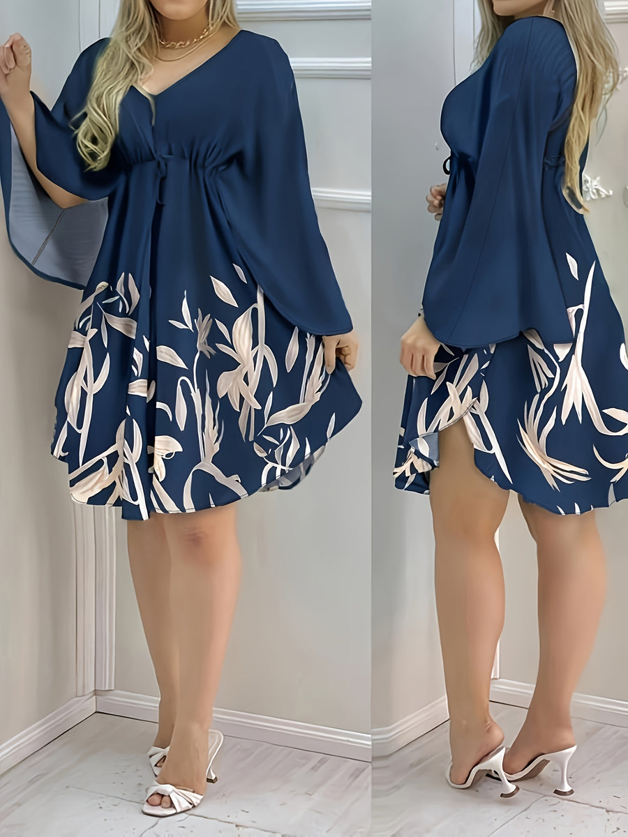 Spring And Summer New Women'S Hot Style Floral Print Tie-Up Vacation Casual Elegant Stylish V-Neck Dress - Navy Color