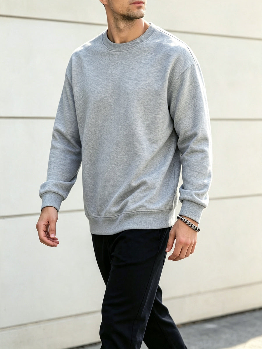 Men's Spring/Autumn Fashion Crew Neck Sweatshirt - Knitted Long Sleeve, Casual Sportswear Top, Studio Single Piece T-Shirt, Cotton Blend Knit with Slight Stretch Fabric, Pullover, New Men's Apparel Gift - Grey