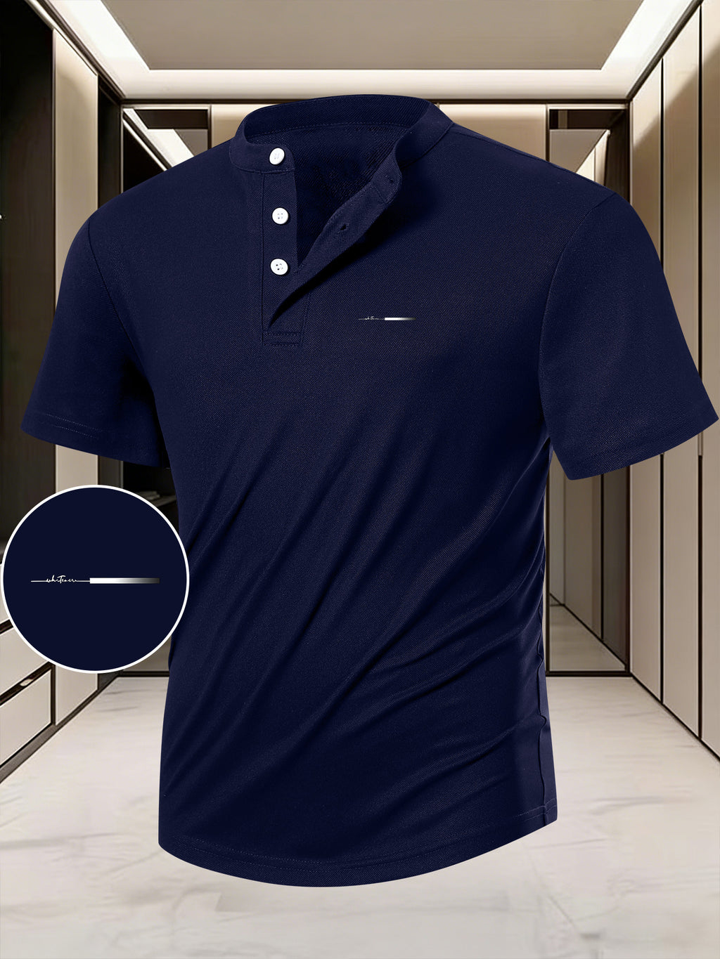 Men'S Summer Casual Short-Sleeve T-Shirt Featuring a Easy White Line Design, Breathable Round Neck with a Henley Button Front, Regular Fit Suitable for Outdoor And Everyday Wear, Men'S Short-Sleeve Henley Shirt - Navy Color