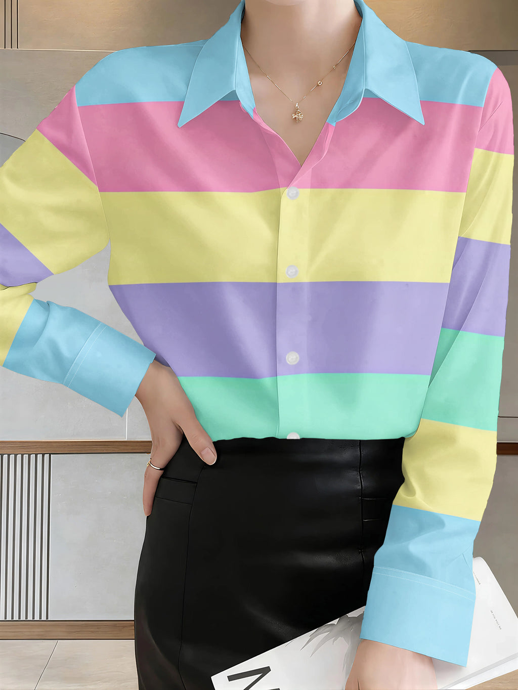New Women's Long-sleeve Shirt with Soft-toned Horizontal Stripes in Alternating Blue, Pink, Yellow, Purple, and Green. A Versatile Commuting and Casual Top, Machine Washable, Button-up Printed Shirt - Multicolor