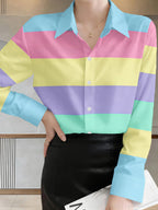New Women's Long-sleeve Shirt with Soft-toned Horizontal Stripes in Alternating Blue, Pink, Yellow, Purple, and Green. A Versatile Commuting and Casual Top, Machine Washable, Button-up Printed Shirt - Multicolor