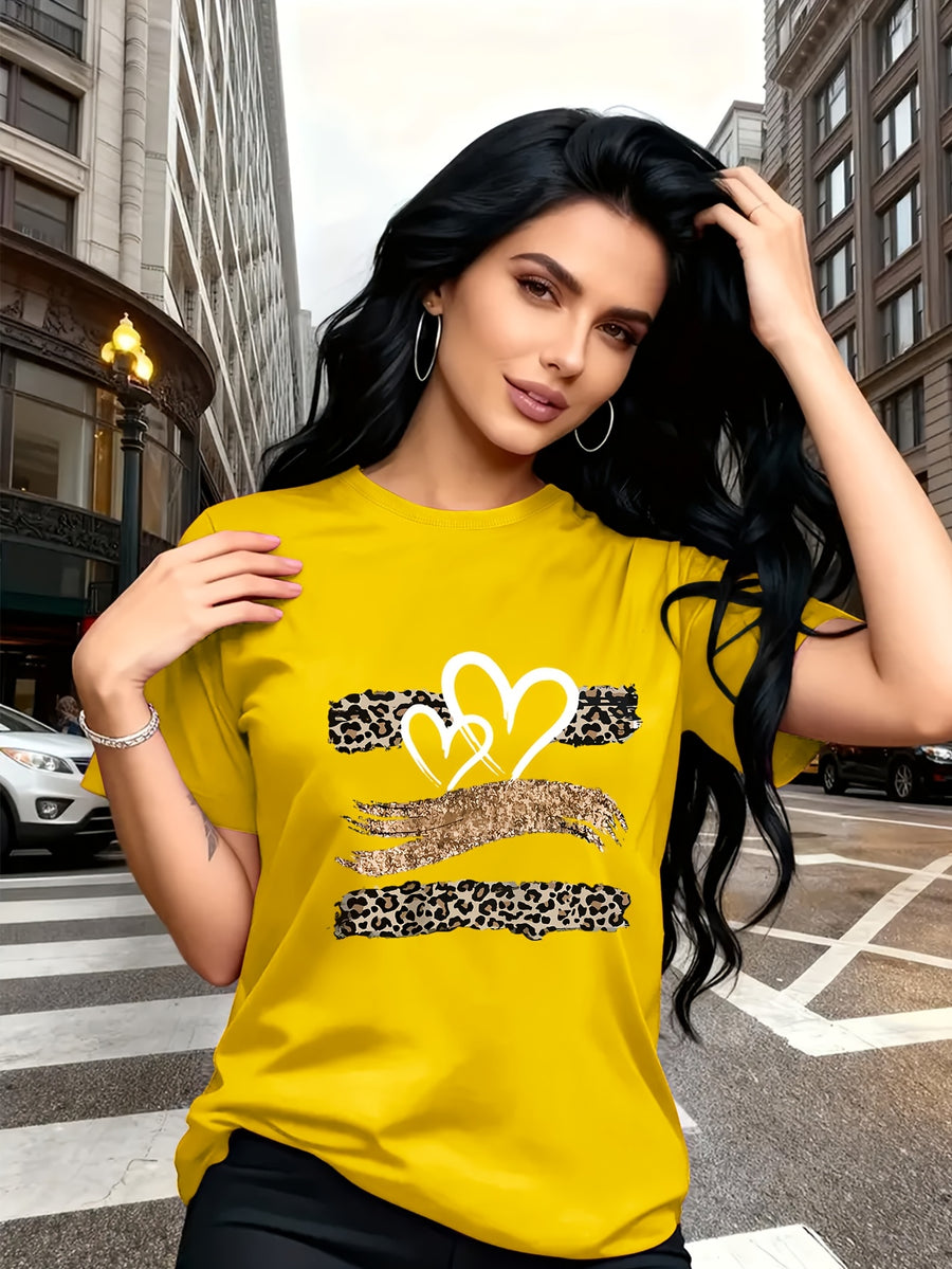 Leopard Print Heart Glitter-themed Pattern Print, Fashionable Breathable T-shirt, for Family Travel,, Casual S, Daily Commutes, Matching Outfits for Sisters, Versatile T-shirt 30057 - Yellow