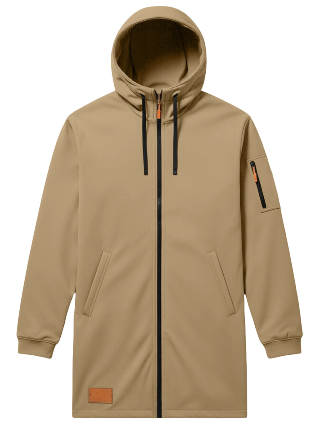 Men'S Casual Hooded Long Jacket PARIS Striped Logo Print Side Seam Zipper Detail Leather Decorative Label Drawstring Hat Collar Loose Daily Windproof Coat, Autumn Essentials - Khaki