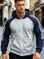 Men's Gray Navy Blue Raglan Colorblock Hooded Zip-Up Sweatshirt, Featuring Dual White Contrast Stripes on the Sleeves, Full Zipper Closure with Drawstring Hood and Front Kangaroo Pocket, Ribbed Cuffs and Hem, Loose Drop-shoulder Casual Cardigan Top. - Polychrome