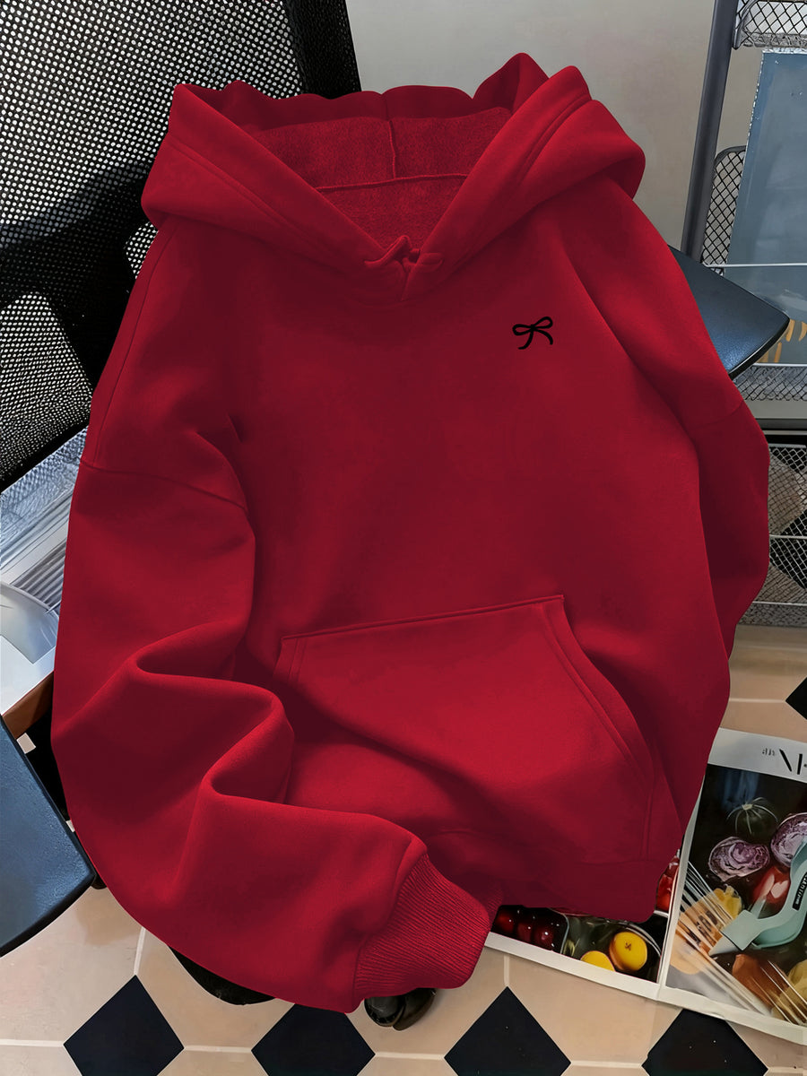 Women'S Fashion Classic Cute Bowknot Pattern Print Autumn/Winter Warm Lined Sweatshirt Hoodie Women'S Everyday Wear Top Kangaroo Pocket - Burgundy
