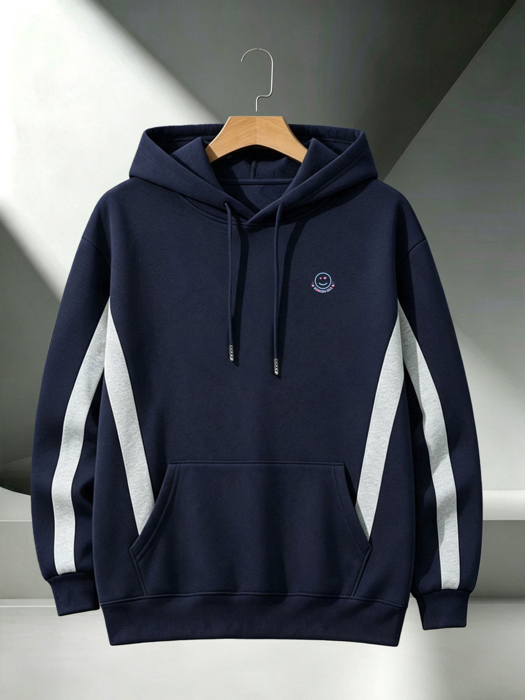 [4pcs] 2026 Autumn Winter Men'S Street Style Hooded Sweatshirt, Side Diagonal Contrast Lines Long Sleeve, Adjustable Drawstring Large Kangaroo Pouch for Phone, Skin-Friendly Warm Back-To-School Casual Rock Party Versatile Pullover Hoodie - Navy Blue+Navy Blue+Navy Blue+Navy Blue