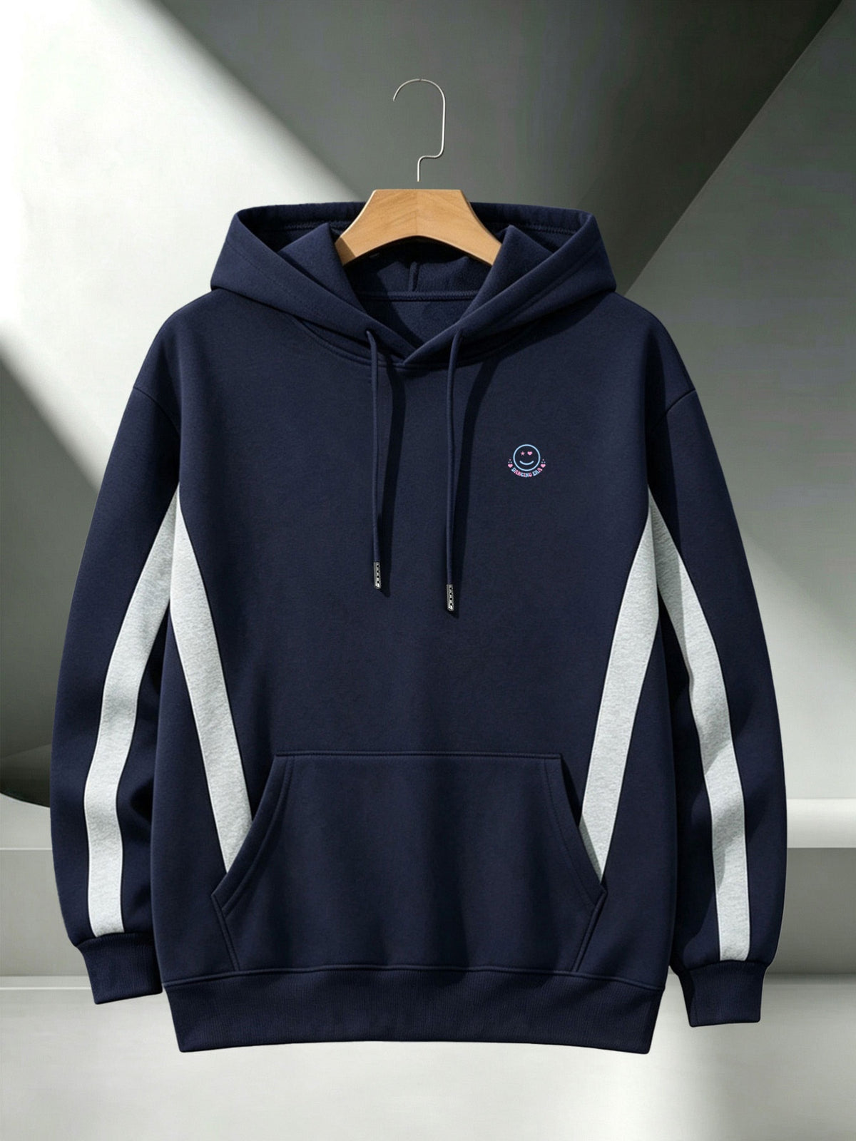 [4pcs] 2026 Autumn Winter Men'S Street Style Hooded Sweatshirt, Side Diagonal Contrast Lines Long Sleeve, Adjustable Drawstring Large Kangaroo Pouch for Phone, Skin-Friendly Warm Back-To-School Casual Rock Party Versatile Pullover Hoodie - Navy Blue+Navy Blue+Navy Blue+Navy Blue