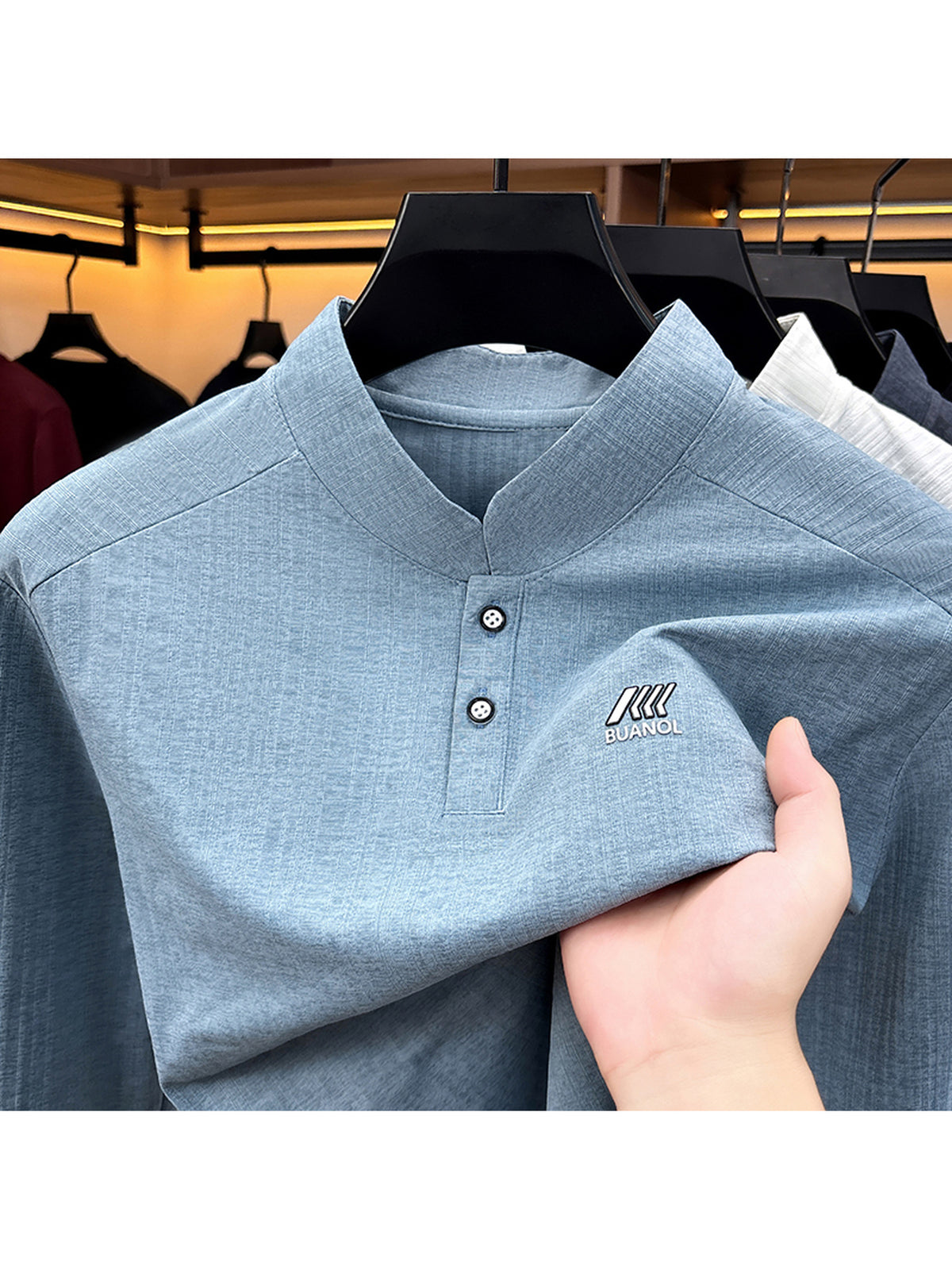 Men'S Henley Collar Vertical Stripe Stretch Long Sleeve T-Shirt - Gray Blue