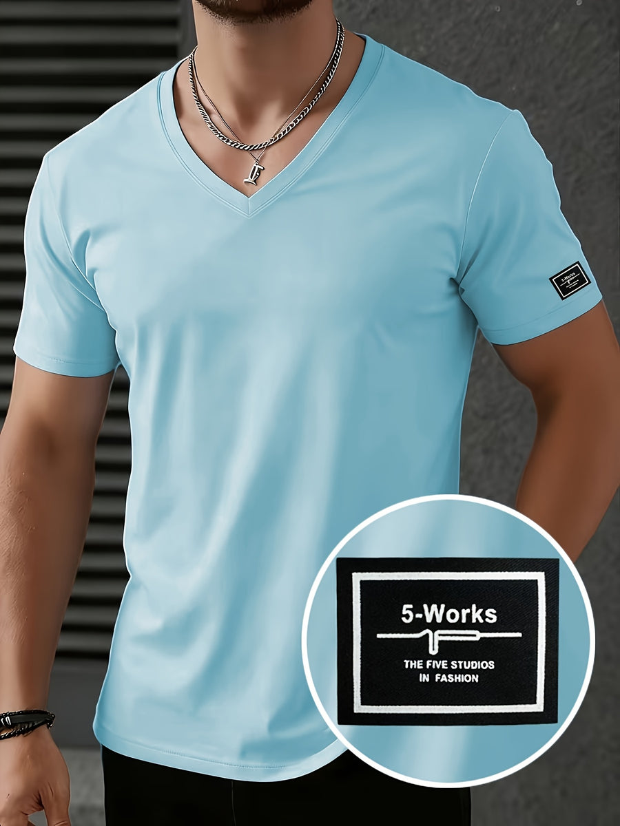 Men'S Patchwork V-Neck Short Sleeve T-Shirt, Suitable for Summer Outdoor Casual Wear, Casual Versatile Knit Top - Sky Blue 3