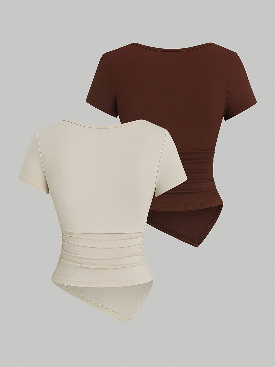 Spring And Summer Women'S Casual Two-Piece Set Featuring a Easy And Stylish T-Shirt - Apricot + Coffee