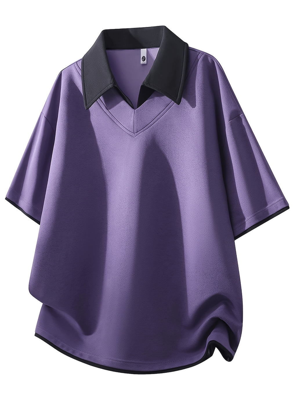 Men'S Summer Lapel Built-In Faux Two-Piece V-Neck, Cuffed Sleeves, Unisex Off-Shoulder Loose Curved Hem Drapey Short Sleeve T-Shirt - Purple