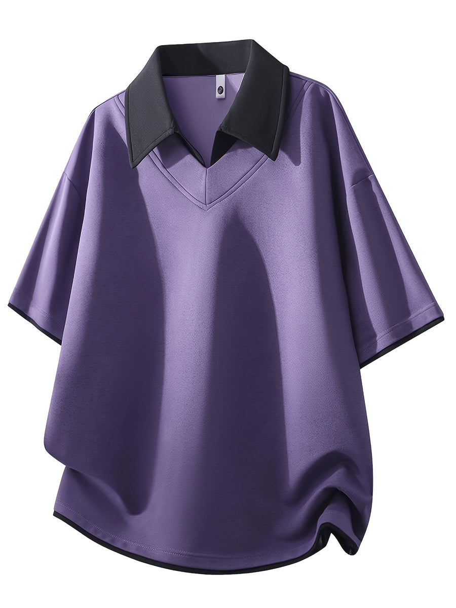 Men'S Summer Lapel Built-In Faux Two-Piece V-Neck, Cuffed Sleeves, Unisex Off-Shoulder Loose Curved Hem Drapey Short Sleeve T-Shirt - Purple