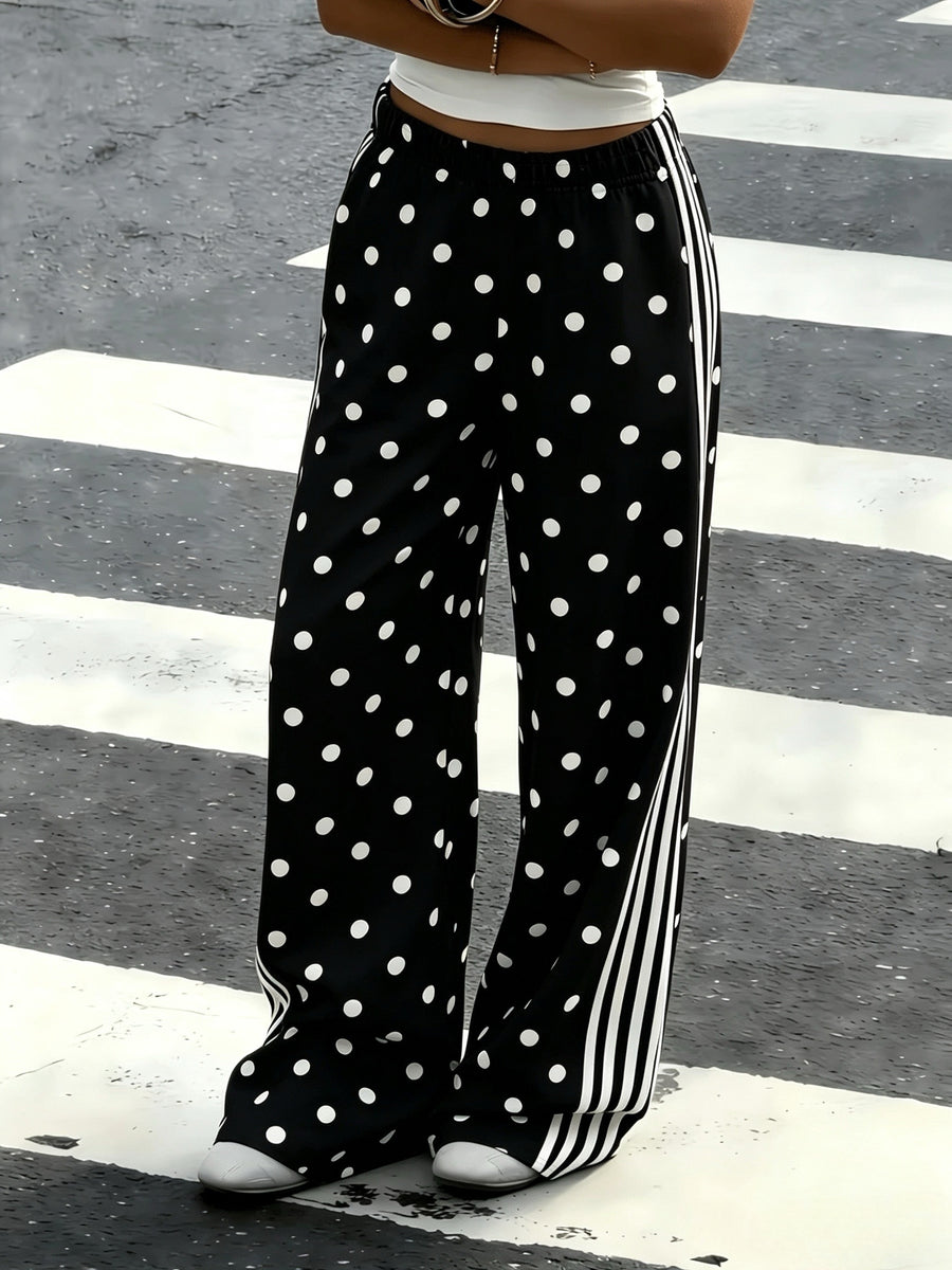 Women's New Fashion Black and White Polka Dot Side Stripe Wide-leg Pants, High-waisted,, Versatile, Straight-leg Trousers, New Style Long Pants Suitable for Outdoor Wear - Mixed Color 1