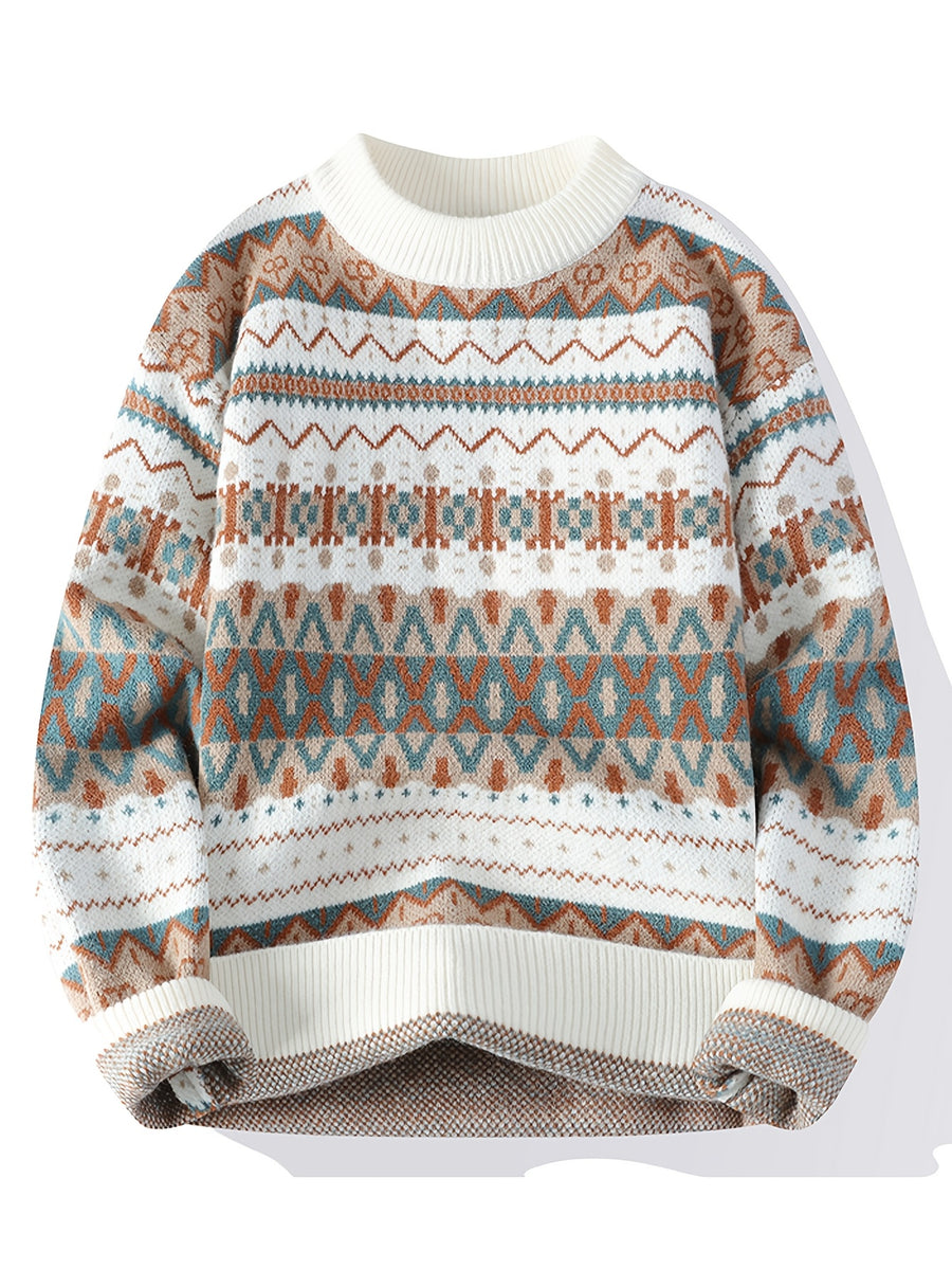 Men'S Round Neck Sweater, Autumn And Winter New Style, Personalized Ethnic Style, Fashionable Contrasting Color Knit Sweater, Warm Pullover, Base Top - Off-white
