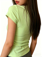 Women'S Casual Short Sleeve T-Shirt, Ladies Round Neck Slim Fit Inner Wear Bust-Enhancing Stretch Tight Solid Base Layer - Green