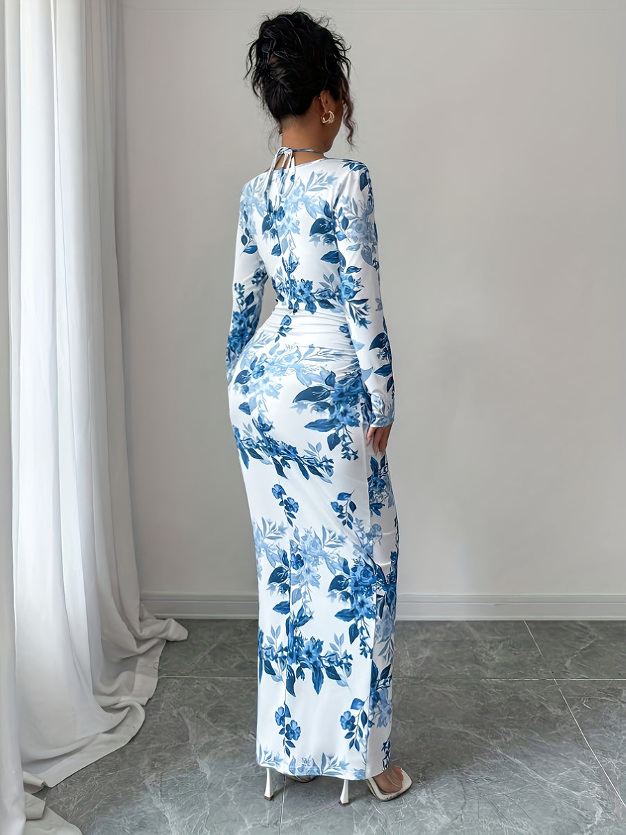 Women's Elegant Drop Collar Halter Tie Digital Print Dress - White Blue
