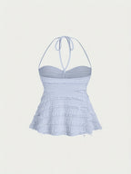 Niannian's Choice Solid Color Drawstring Halter Neck Backless Sexy Tank Top - Sky Blue