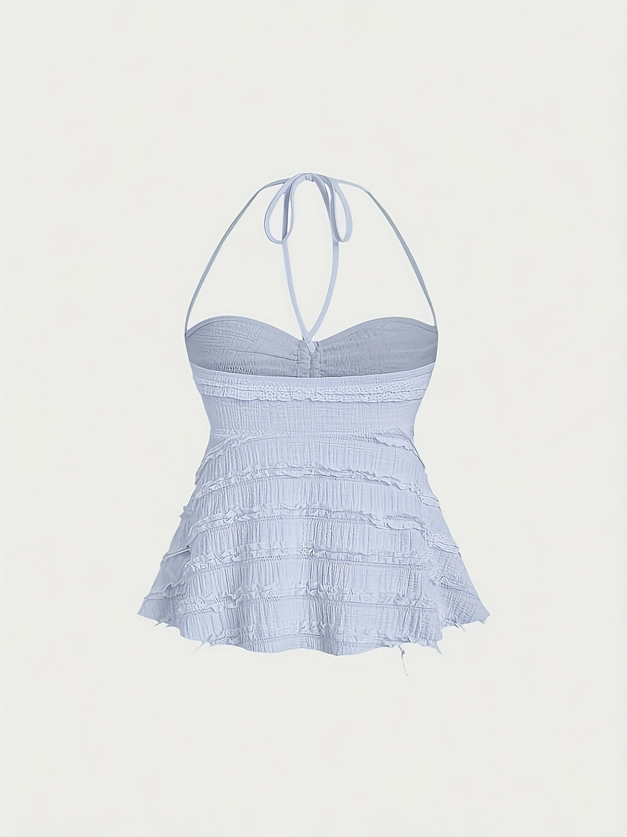 Niannian's Choice Solid Color Drawstring Halter Neck Backless Sexy Tank Top - Sky Blue