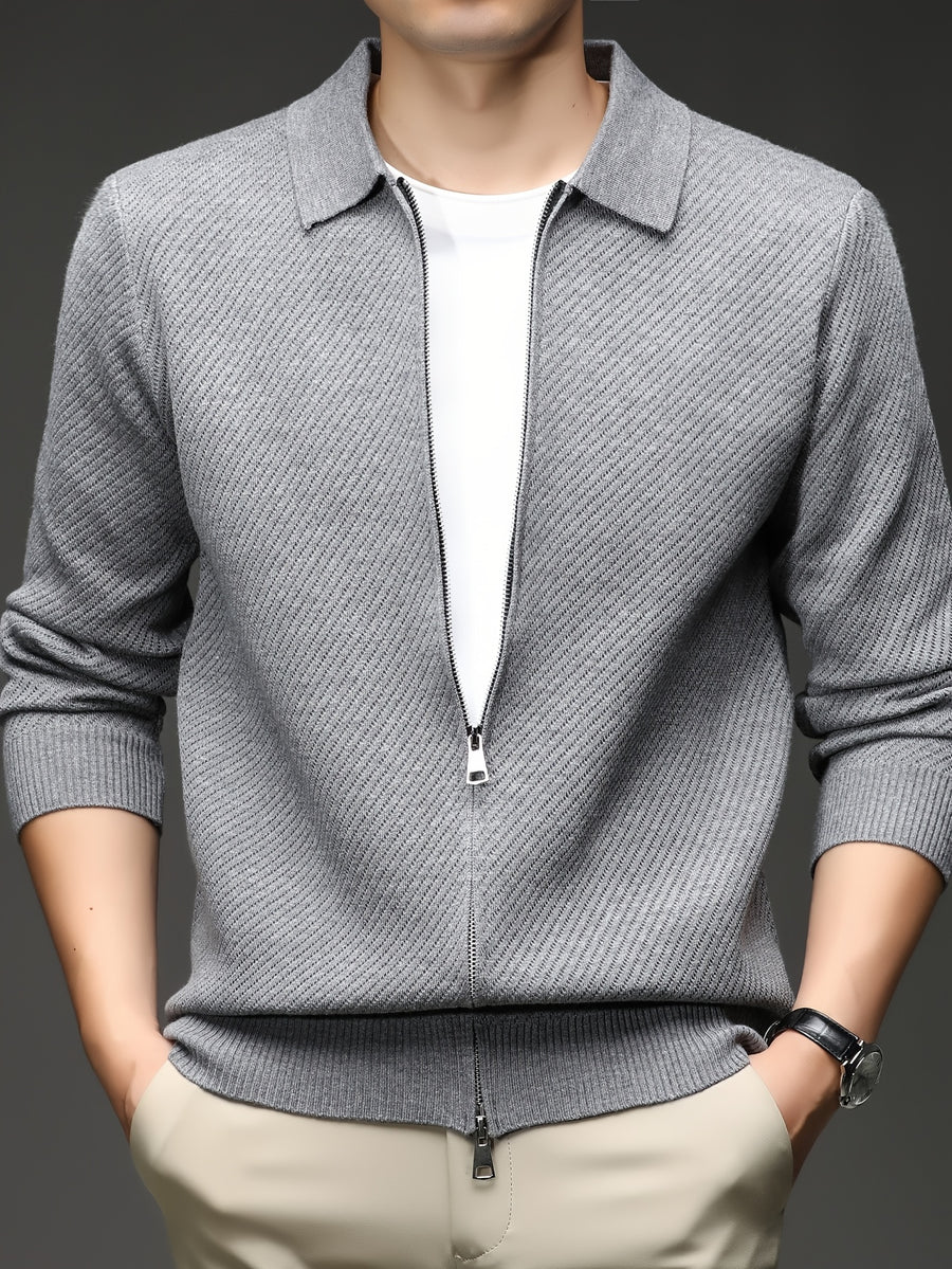 Xingfan Autumn/Winter Men's Long-Sleeve Open-Front Cardigan Lapel Business Casual Solid Color Chunky Knit Full-Zip Thickened Outerwear Jacket - Grey