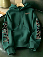 Limited-Time Special Offer: Single-pc Unisex Black Knitted Hooded Sweatshirt with Anime Boy Portrait Graffiti and English Print, Trendy Cool Anime-Style Loose Drop-Shoulder Hoodie for Spring/Autumn, Casual Wear for Outings and Gatherings - Dark Green