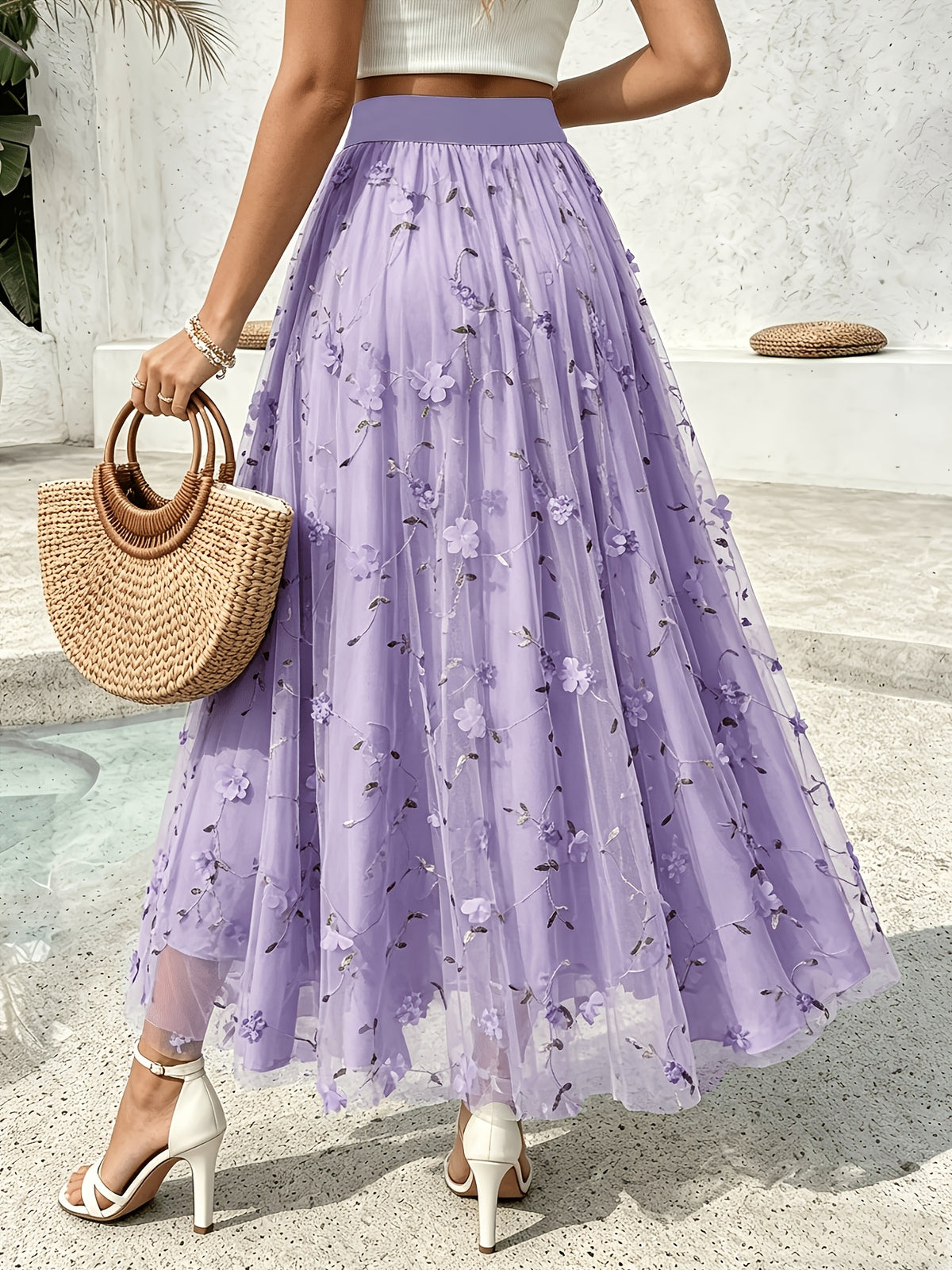 Women'S Elegant Spring Summer Embroidered Mesh Floral Appliqué A-Line Vacation Dress, Suitable for Vacation, Dating, Parties, Commuting And Other Occasions - Light Purple