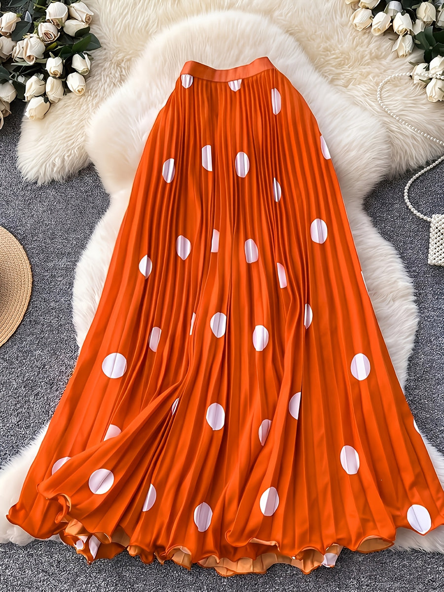 Women'S Elegant Pleated Long Skirt, Fashionable Versatile Polka Dot Half Skirt - Orange