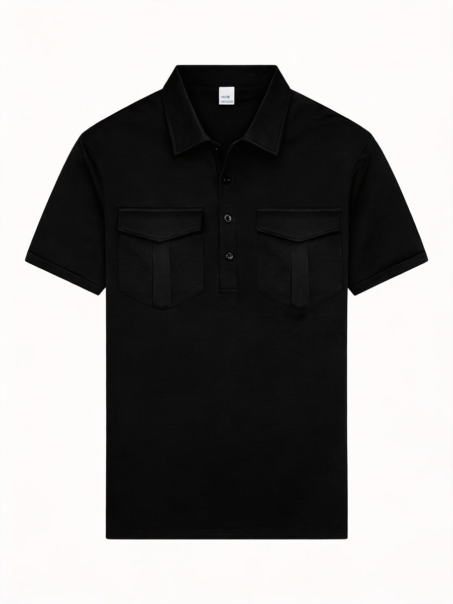 Men'S Short-Sleeved Polo Shirt with Lapel, Front Button Placket, Two Pockets And Solid Color - Black