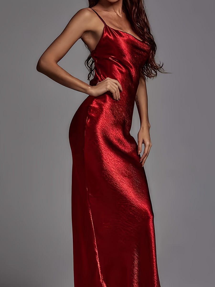 Elegant and High-end Satin Halter, Backless, Lace-up, Waist and Hip Dress, Retro and Fashionable, Party, Gathering, Wedding Dress, Vacation Bridesmaid Dress for Ladies - Red