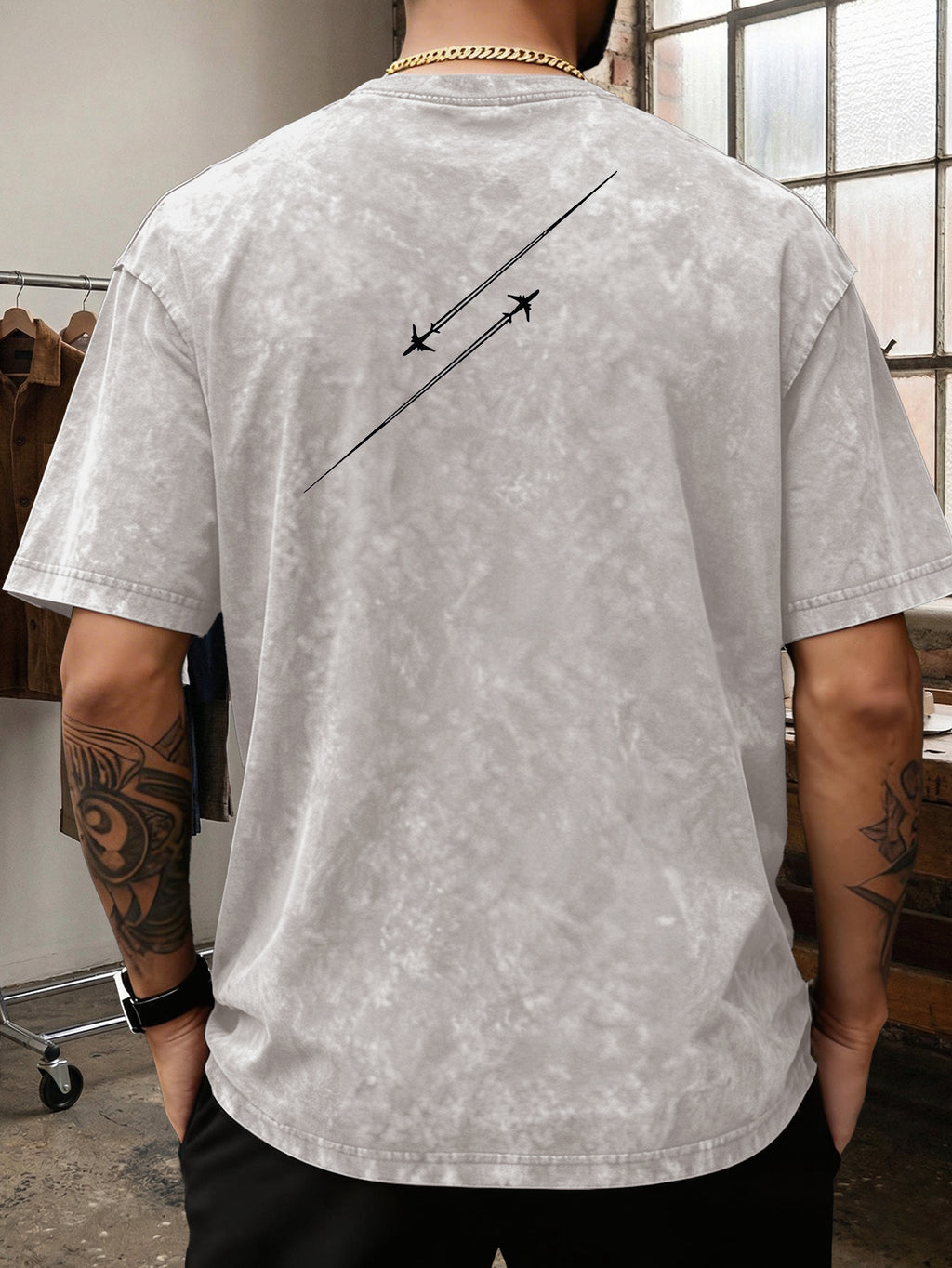 Men'S Heavyweight Washed T-Shirt Minimalist Airplane Line Art Print High Street Vintage Distressed Tee 2026 Summer Casual Urban Wear - Apricot