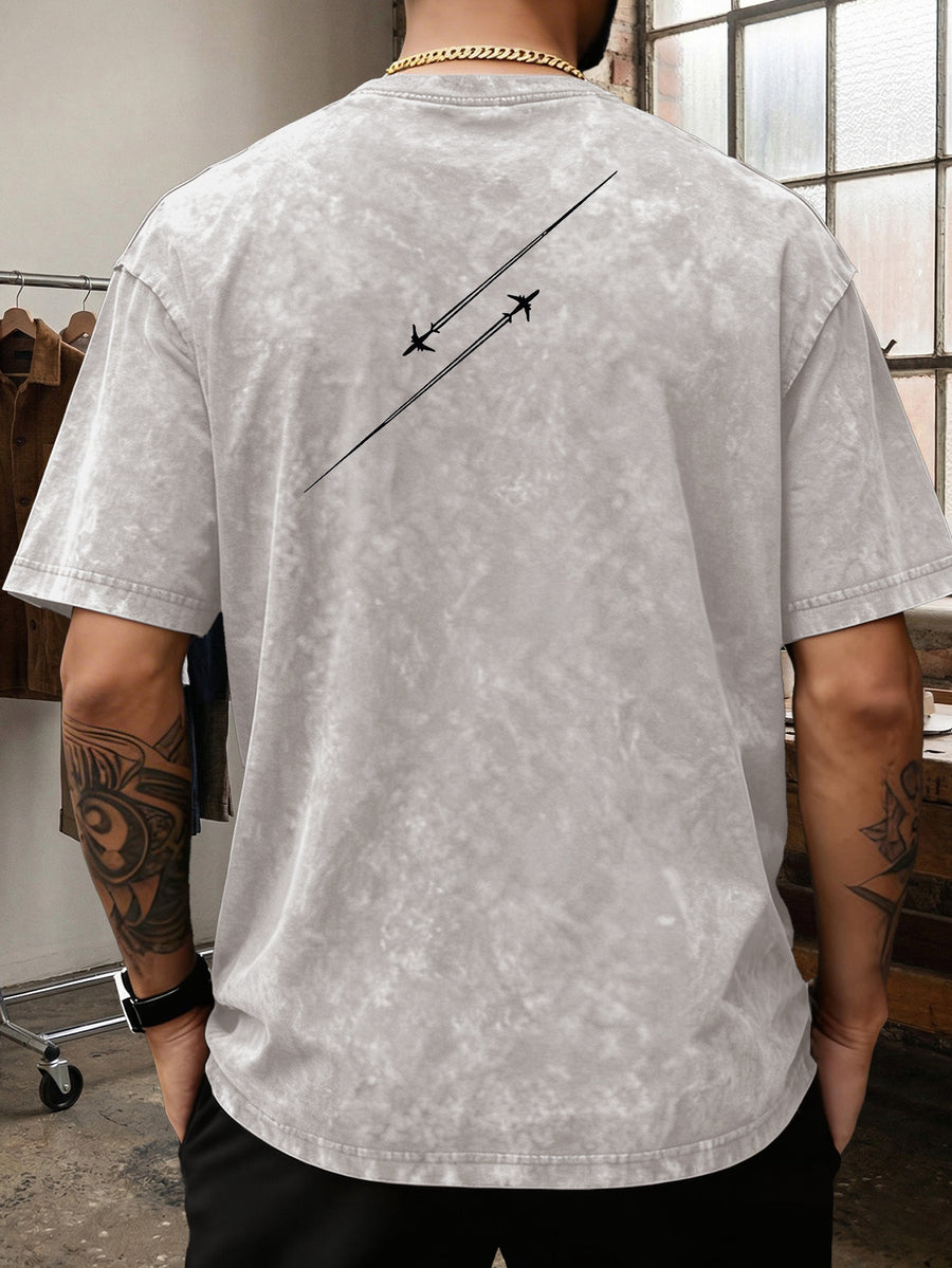Men'S Heavyweight Washed T-Shirt Minimalist Airplane Line Art Print High Street Vintage Distressed Tee 2026 Summer Casual Urban Wear - Apricot