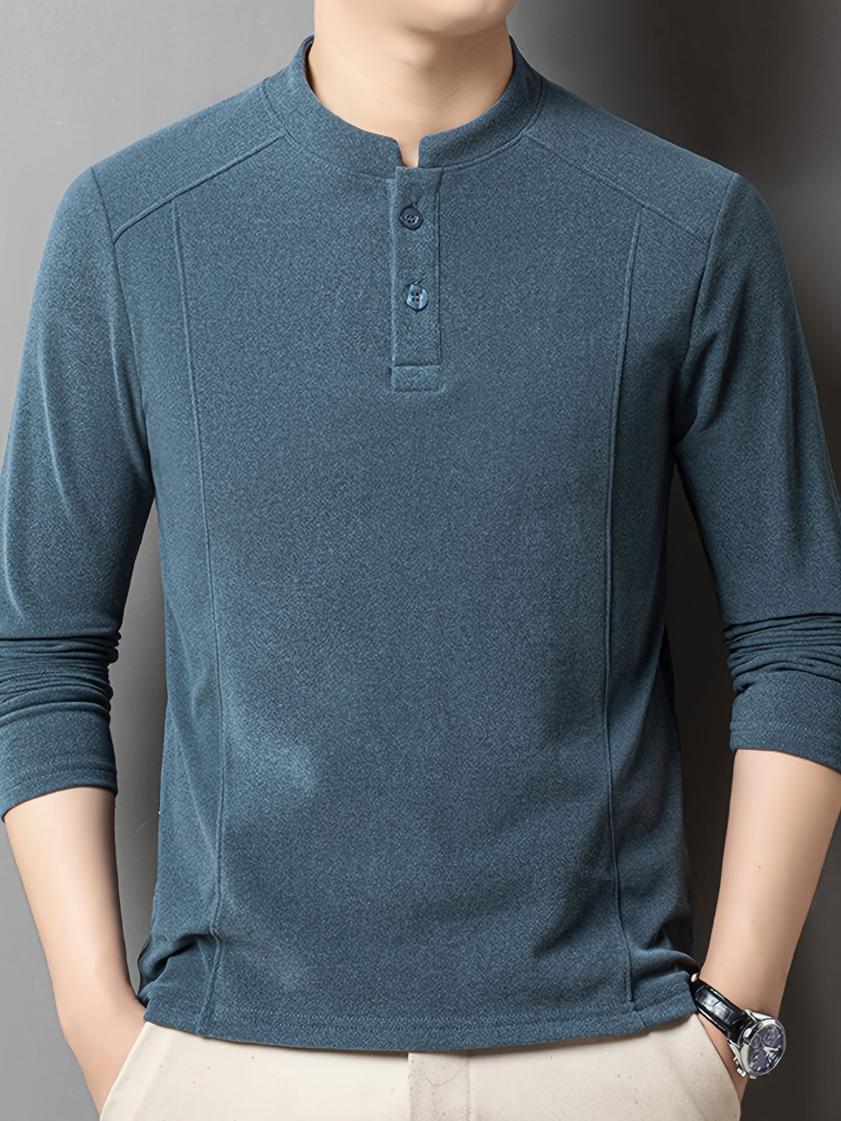 Men's Henley Neck Long Sleeve Base Layer Shirt, Slim Fit but Not Tight, Suitable for Middle-Aged Men, with a Light Business-Casual Vibe. -SINBOS - Blue Grey