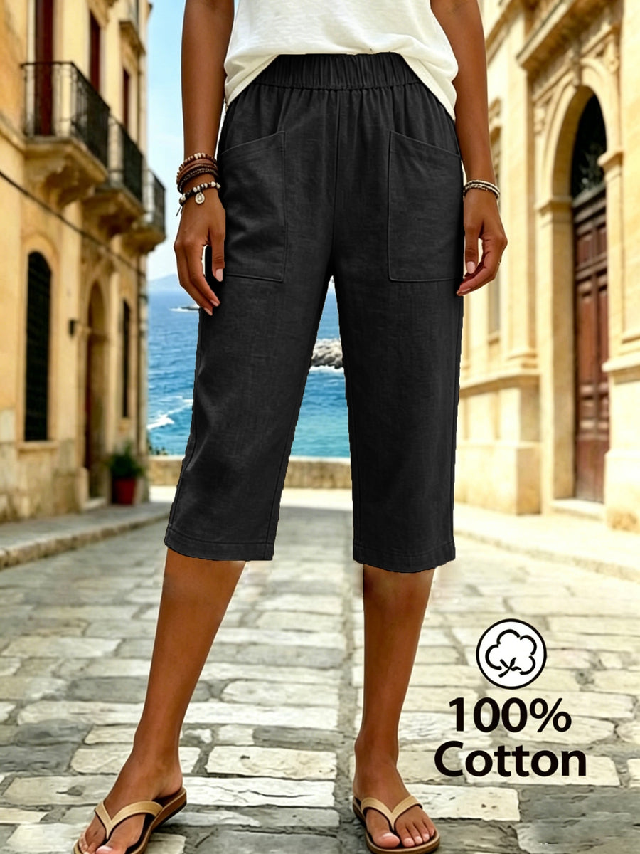 Women's Summer Solid Color Relaxed Fit Casual Mid-Length Pants, Made of Pure Fabric, with Elastic Waistband and Pockets. Loose-Fitting Mid-Length Pants, Suitable for Vacation and Daily Wear - Black
