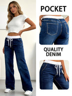 Fashion Women's High-Waisted Straight-Leg Jeans - Non-See-Through Stretch Pants with Drawstring Waist, Lightweight Everyday Denim, All-Season, Casual and Formal Wear, Non-Waistband - Spring/Autumn/Summer Essential, High-Waisted Jeans - Dark Blue