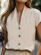 Spring and Summer Korean Style Easy V-Neck Ruffled Sleeve Shirt - Apricot