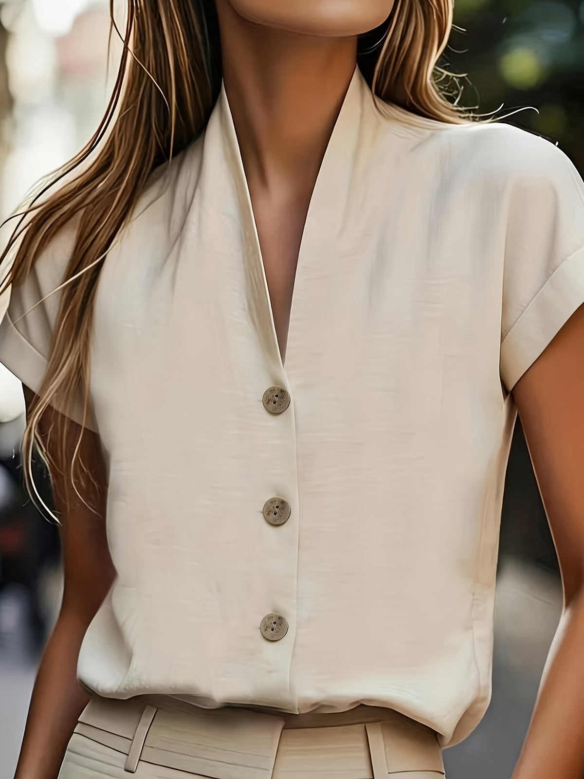 Spring and Summer Korean Style Easy V-Neck Ruffled Sleeve Shirt - Apricot
