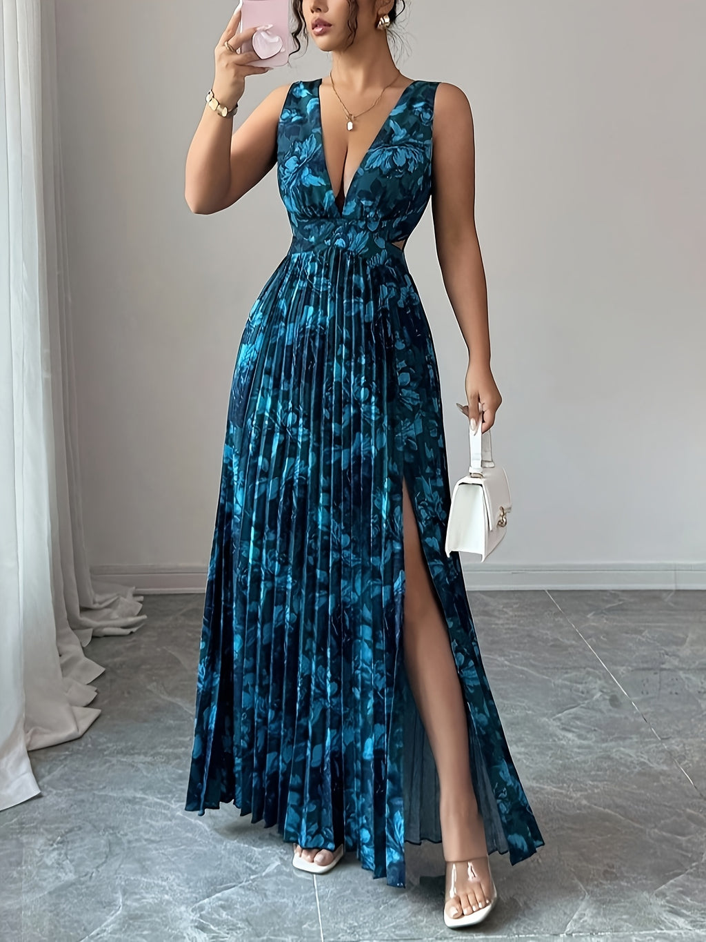 Exquisite Fashionable Party Attire Wedding Guest Graduation Birthday Evening Gown Women'S Elegant Floral Digital Print Pleated Split Design Sexy Deep V-Neck Backless Long-Length Dress Bridesmaid Dress Women'S - Multicolor