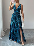 Exquisite Fashionable Party Attire Wedding Guest Graduation Birthday Evening Gown Women'S Elegant Floral Digital Print Pleated Split Design Sexy Deep V-Neck Backless Long-Length Dress Bridesmaid Dress Women'S - Multicolor