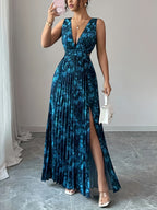 Exquisite Fashionable Party Attire Wedding Guest Graduation Birthday Evening Gown Women'S Elegant Floral Digital Print Pleated Split Design Sexy Deep V-Neck Backless Long-Length Dress Bridesmaid Dress Women'S - Multicolor