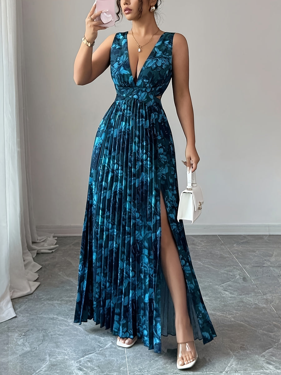 Exquisite Fashionable Party Attire Wedding Guest Graduation Birthday Evening Gown Women'S Elegant Floral Digital Print Pleated Split Design Sexy Deep V-Neck Backless Long-Length Dress Bridesmaid Dress Women'S - Multicolor