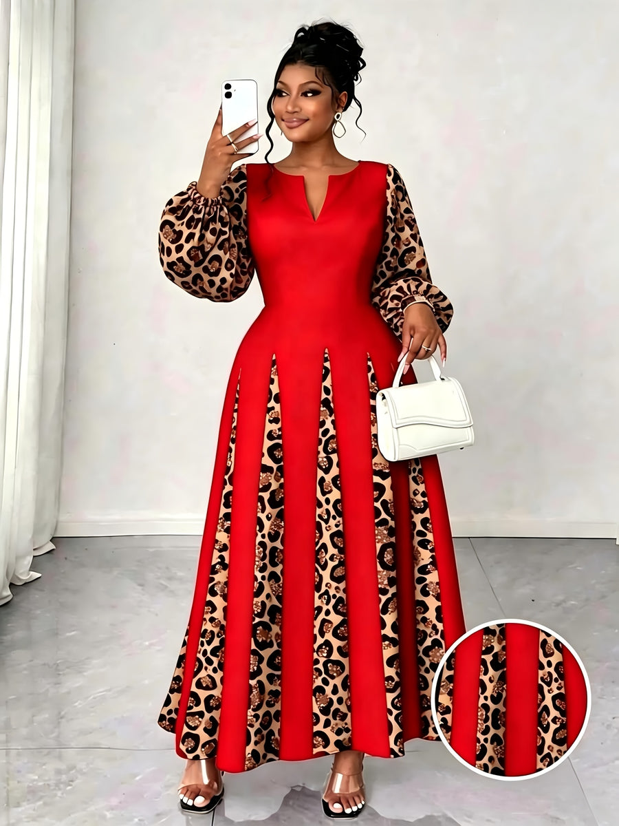 Plus Size Women'S Leopard Patchwork Long Dress, Long Puff Sleeve with Cutout V-Neck A-Line Maxi Skirt, Elegant Party Evening Gown - Red
