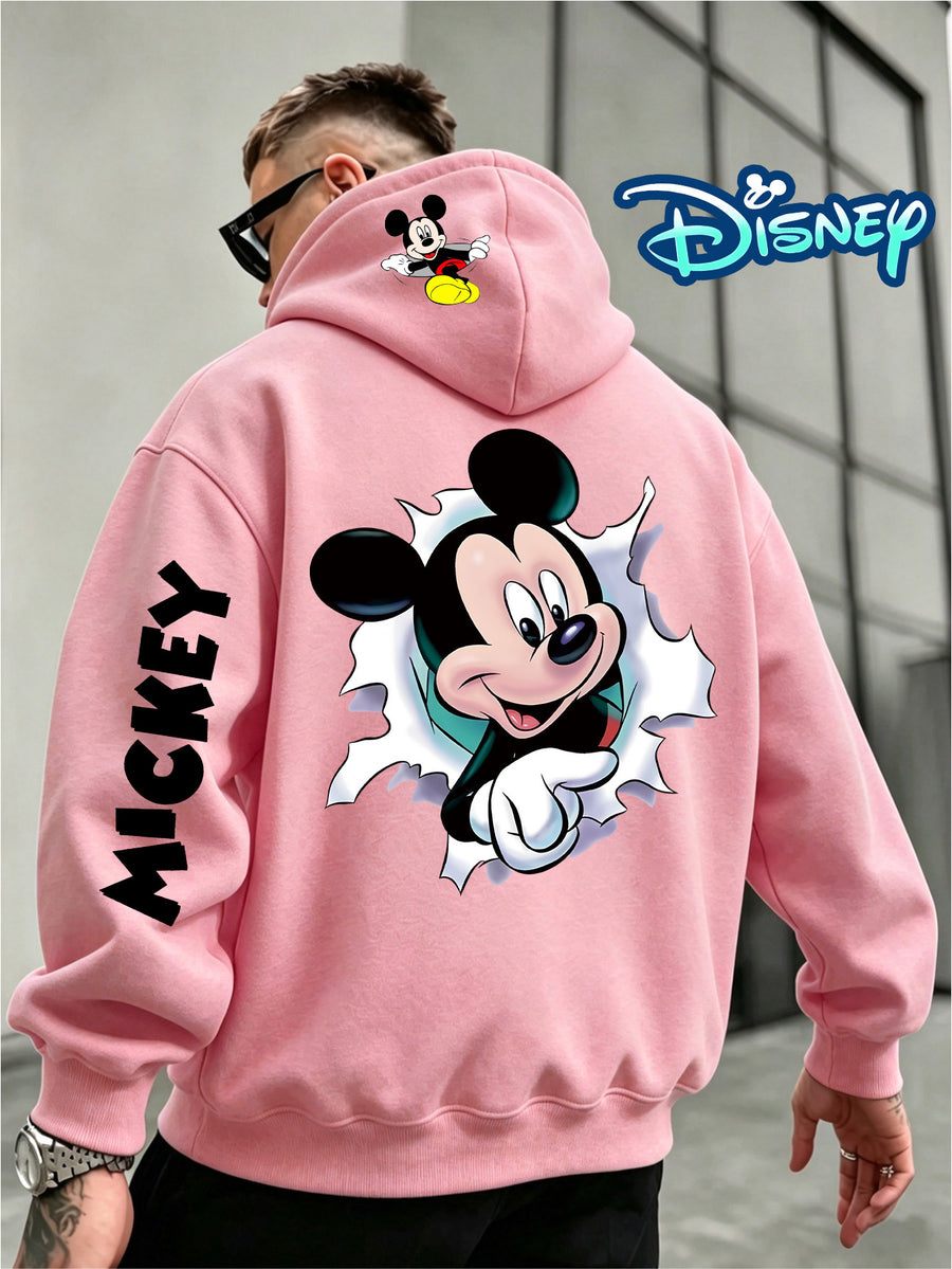 Disney, Fashionable and Trendy Multi-color Hoodie with a Ripped Paper Peek-a-boo Wink Mickey Mouse Pattern Print, Autumn and Winter Men's Loose Long-sleeved Hoodie, First Choice for Couples - Pink
