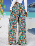 Ethnic Style Pattern Shirred Wide Leg Pants - Mixed colors
