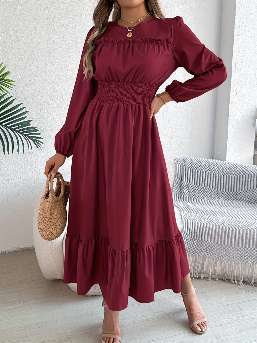 Autumn-Winter Elegant Solid Color Round Neck Long Sleeve Waist-Gathered Ruffle Hem Maxi Dress - Burgundy