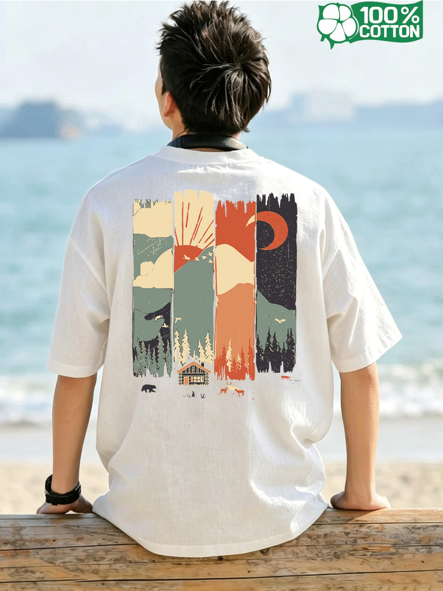 Short-sleeve T-shirt, Round Neck, Pure Cotton, Popular Summer All-season Landscape Print Featuring Mountains, Trees, and Animals. Breathable, Casual, and Versatile for Fitness. New Summer Pattern Print, Fashionable and Casual Style Suitable - White