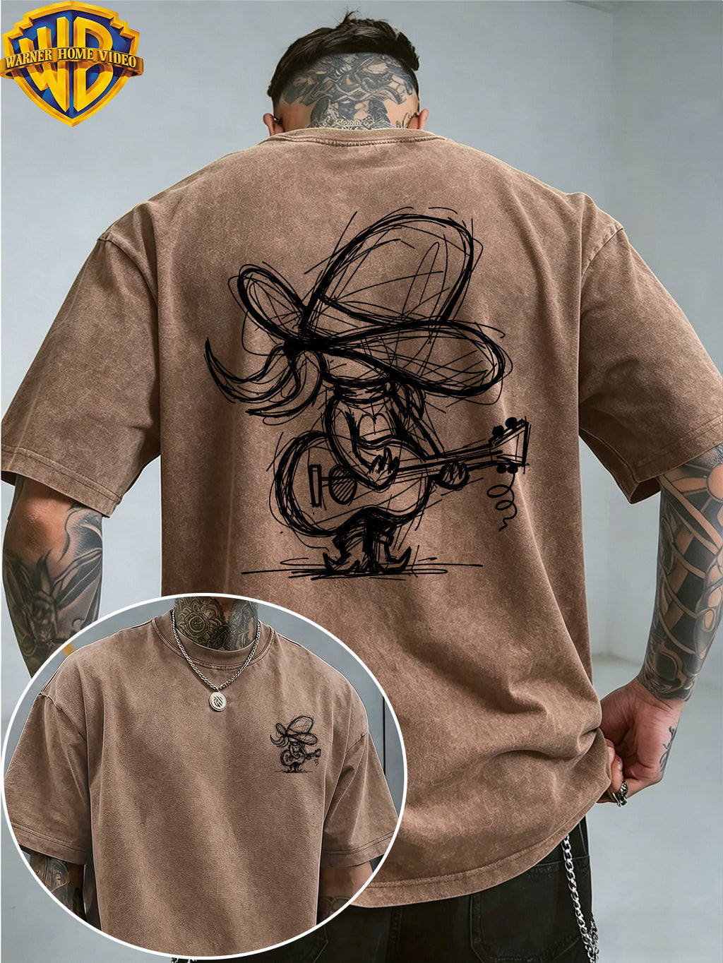 [Warner Bros] Official Authorization, Guitar Playing Denim Print Design, American Retro Washed Distressed T-Shirt, Outdoor Sports Casual Clothing, Daily Commuting, Machine Washable - Coffee Color