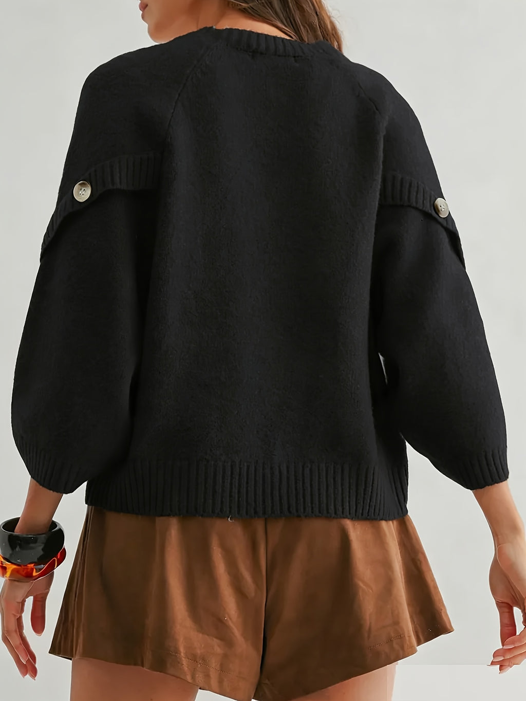 Women'S Round Neck Batwing Sleeve Pullover Sweater, Autumn Casual Regular Soft Solid Short Length 3/4 Sleeve Top, Side Slit Button Detail Daily Commute Base Layer (Prefer Loose Fit, Recommended Size Up) - Black